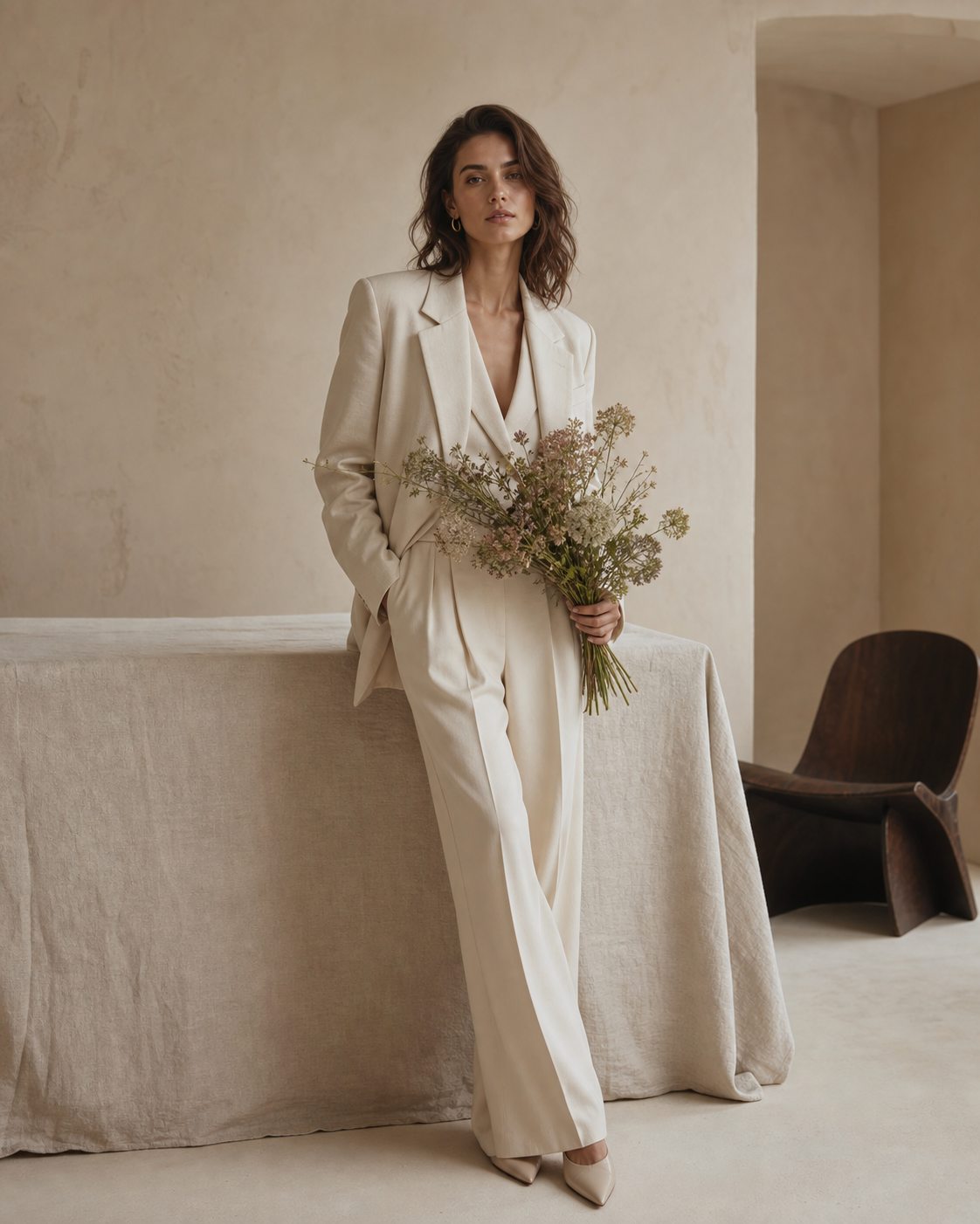 Model in cream tailoring holding flowers