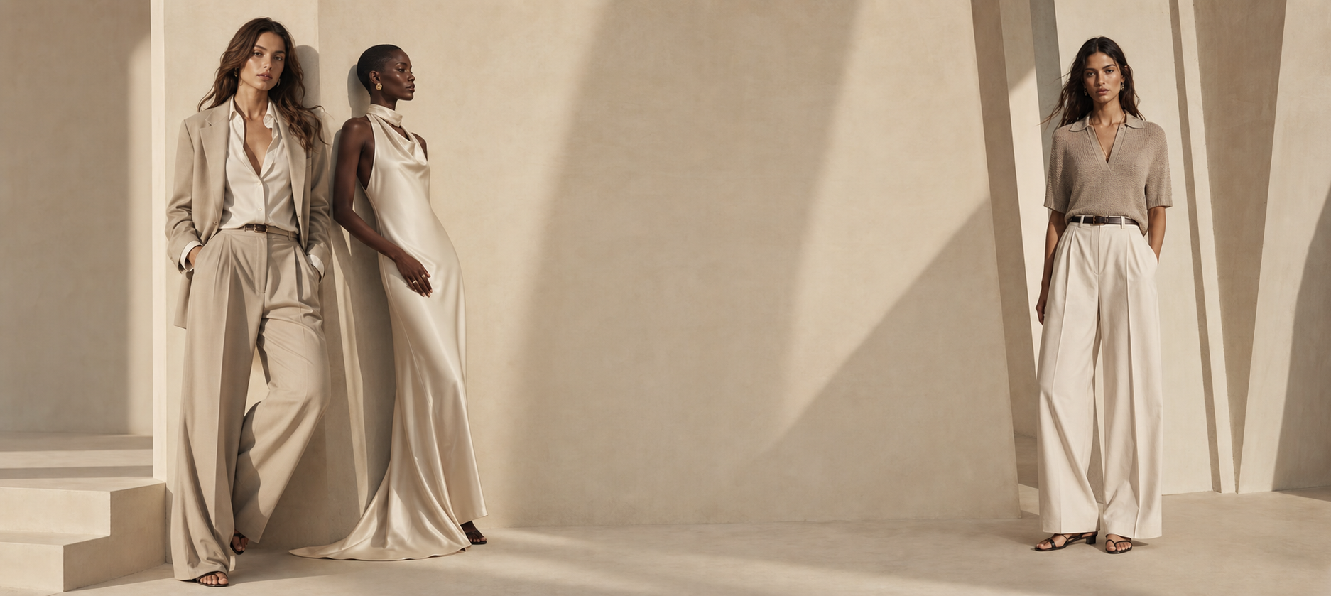 Models wearing Moiré Resort 2026 neutral tailoring